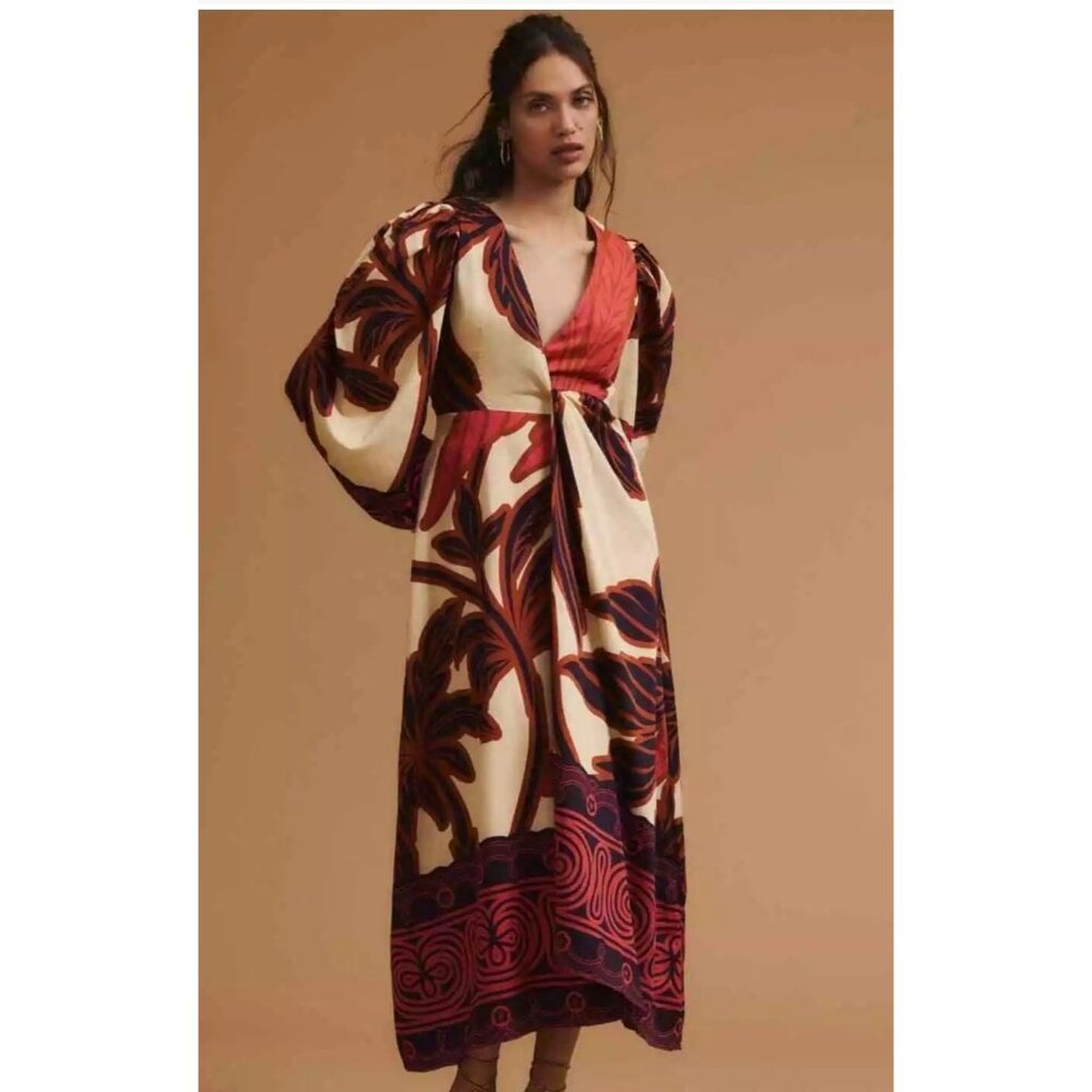 Anthropologie Eugenia Fernandez Maxi Wrap Dress Red Beige Floral Print V-Neck XL